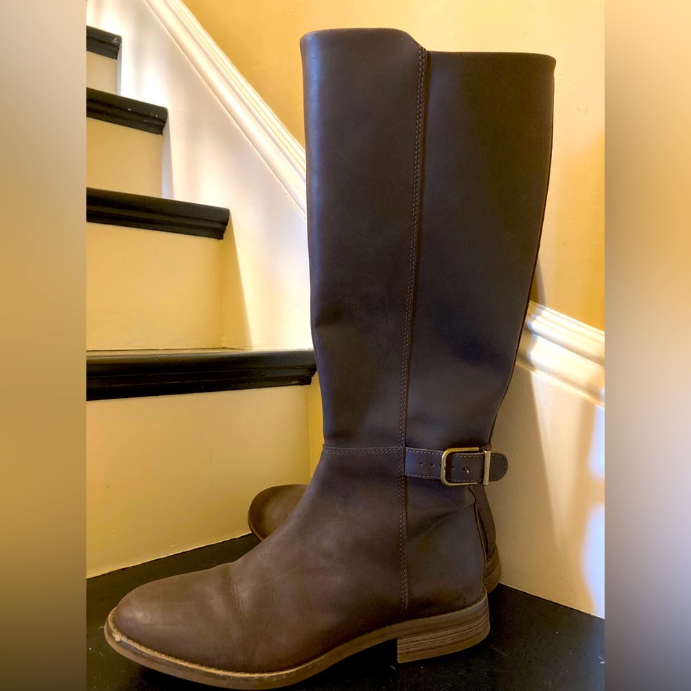 NWOT: Clark’s knee high boots in dark chocolate brown, size 9.